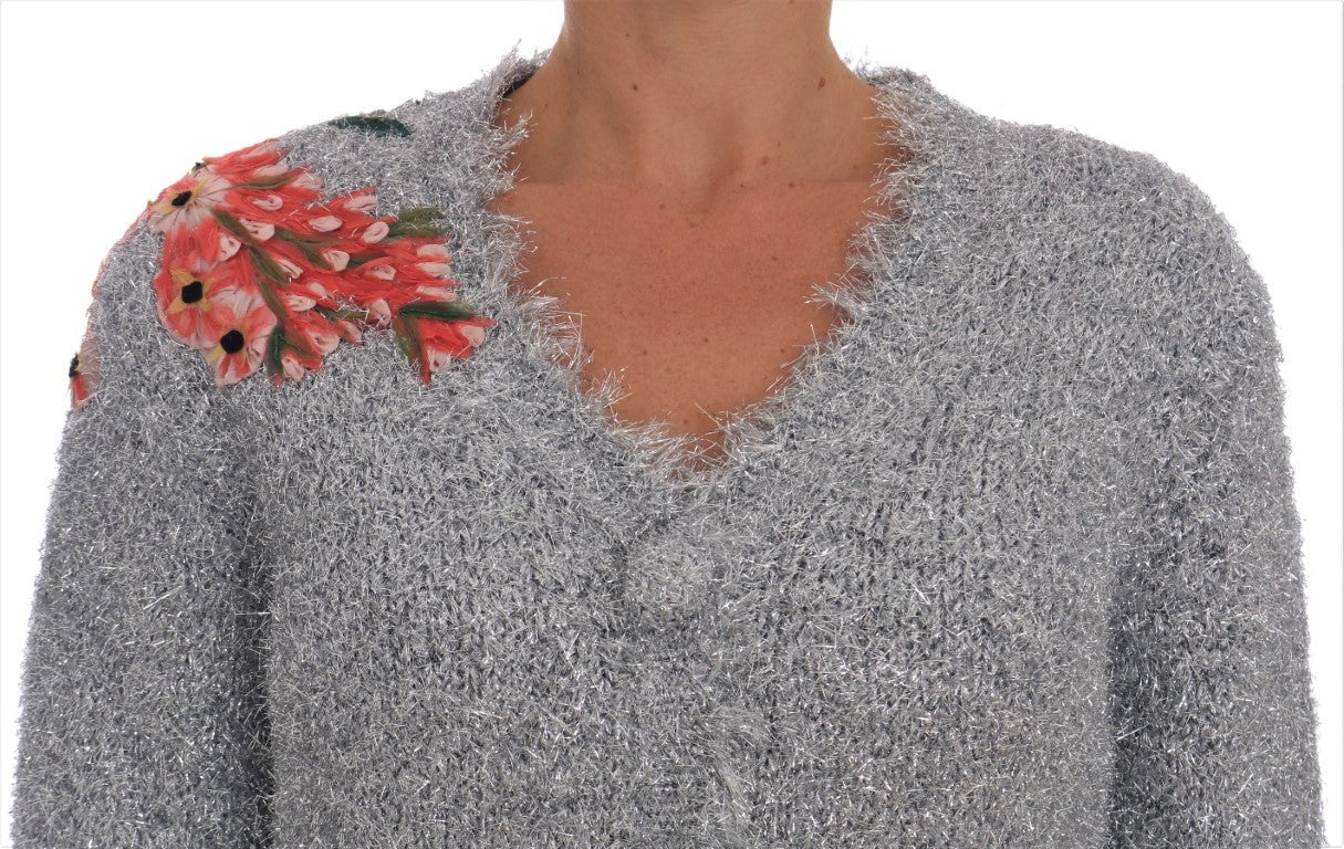 Dolce & Gabbana Silver Cardigan Floral Applique Sweater Zilver