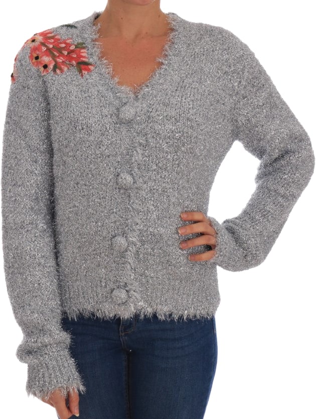 Dolce & Gabbana Silver Cardigan Floral Applique Sweater Zilver