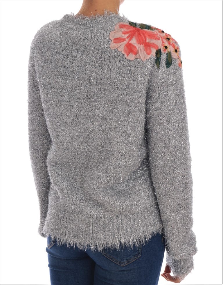 Dolce & Gabbana Silver Cardigan Floral Applique Sweater Zilver