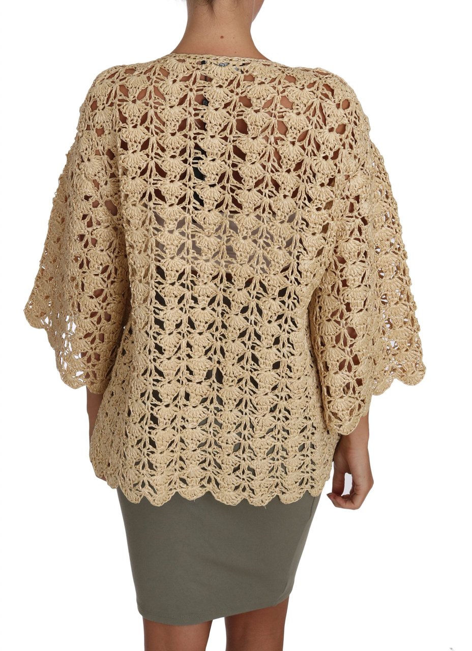 Dolce & Gabbana Beige Cardigan Crochet Knitted Raffia Sweater Beige