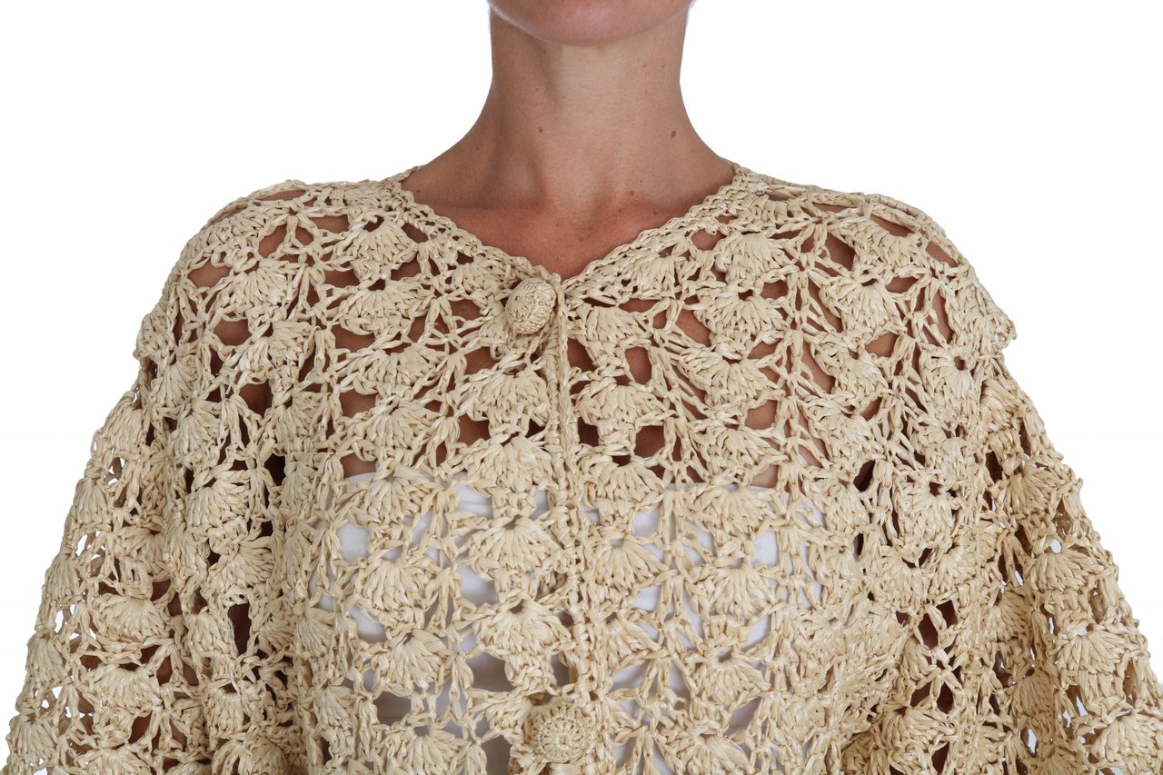 Dolce & Gabbana Beige Cardigan Crochet Knitted Raffia Sweater Beige