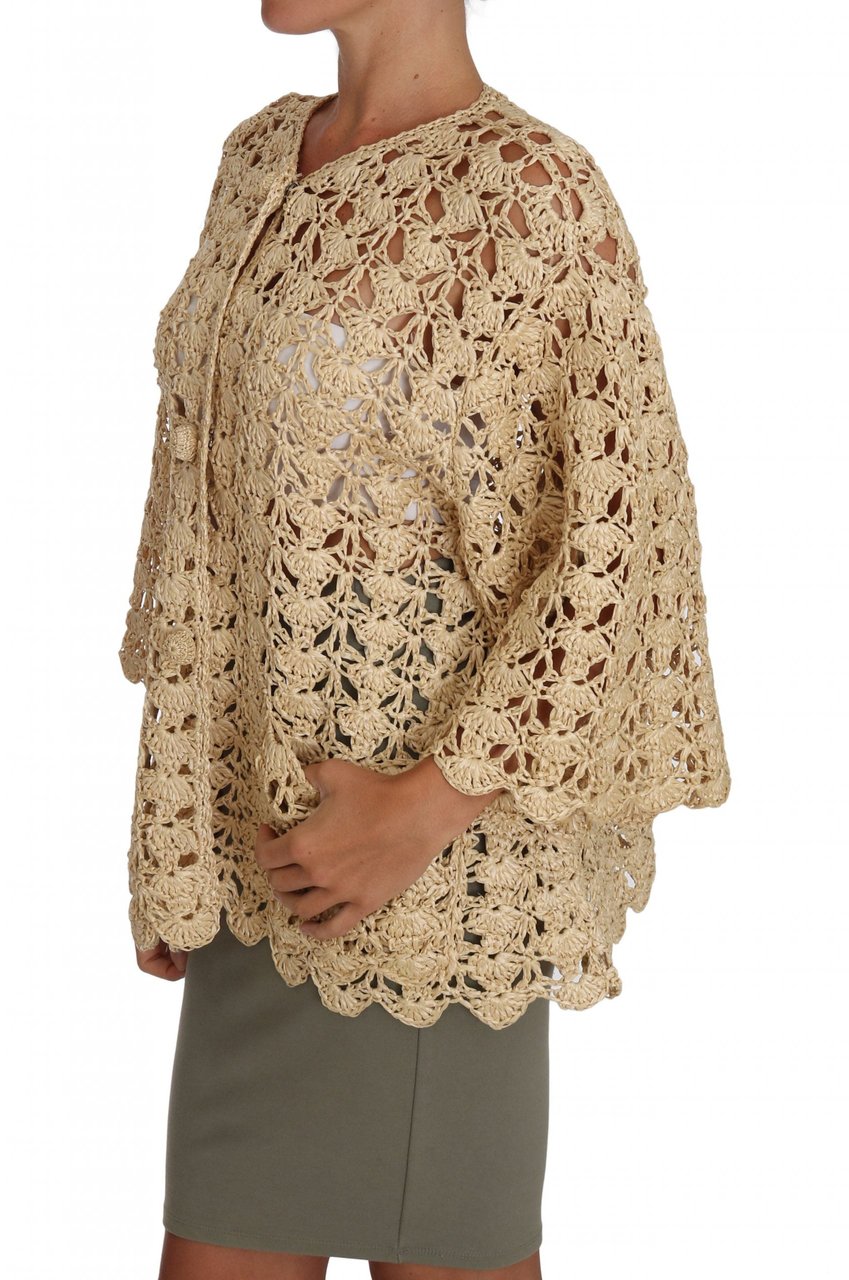 Dolce & Gabbana Beige Cardigan Crochet Knitted Raffia Sweater Beige