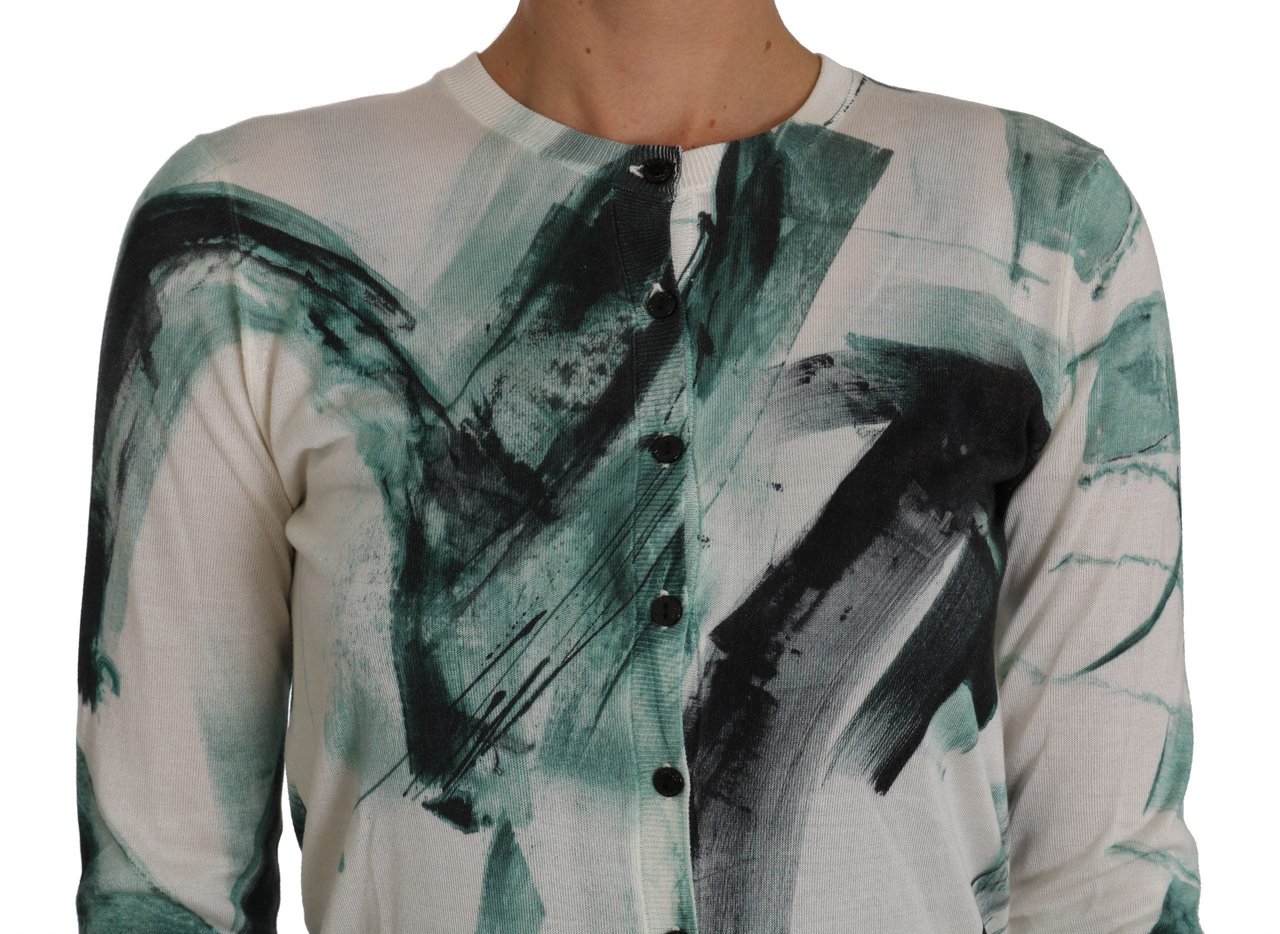 Dolce & Gabbana White Silk Cardigan Lightweight Paint Stroke Sweater Wit