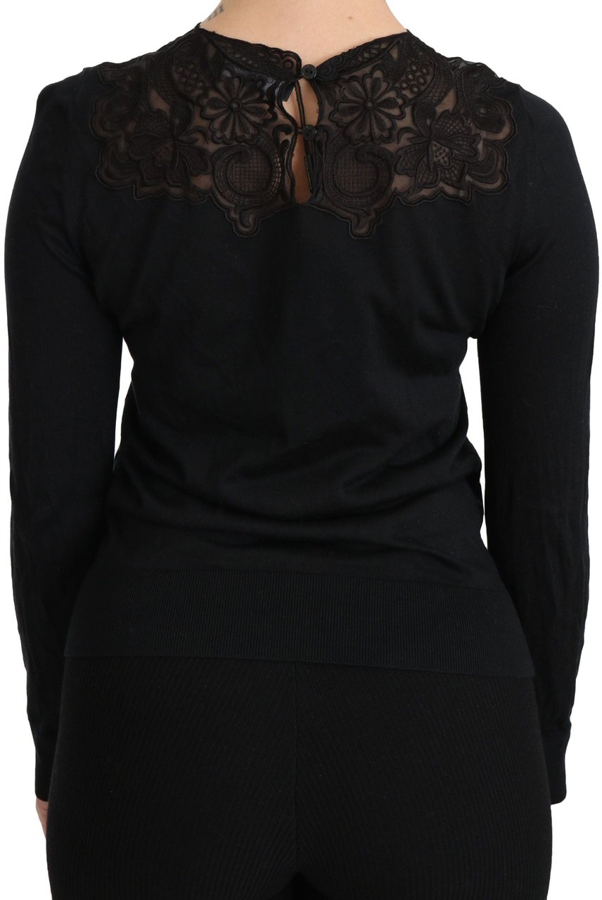 Dolce & Gabbana Black Silk Lace Crew Neck Long Sleeve Blouse Zwart
