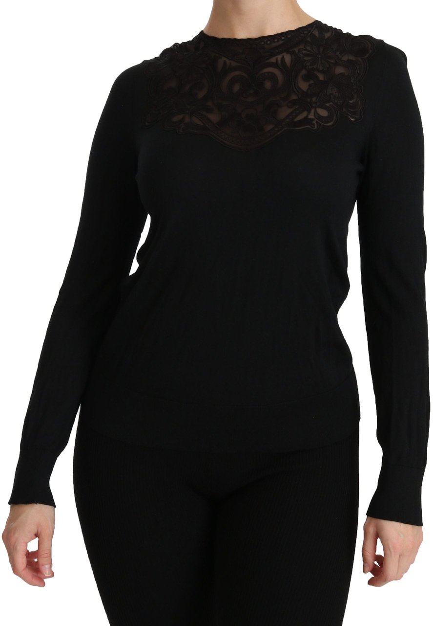 Dolce & Gabbana Black Silk Lace Crew Neck Long Sleeve Blouse Zwart