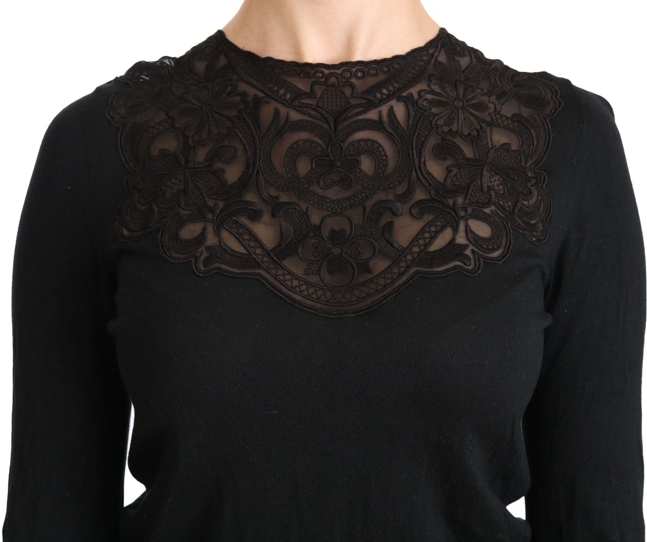 Dolce & Gabbana Black Silk Lace Crew Neck Long Sleeve Blouse Zwart