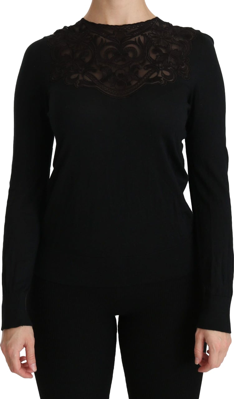Dolce & Gabbana Black Silk Lace Crew Neck Long Sleeve Blouse Zwart