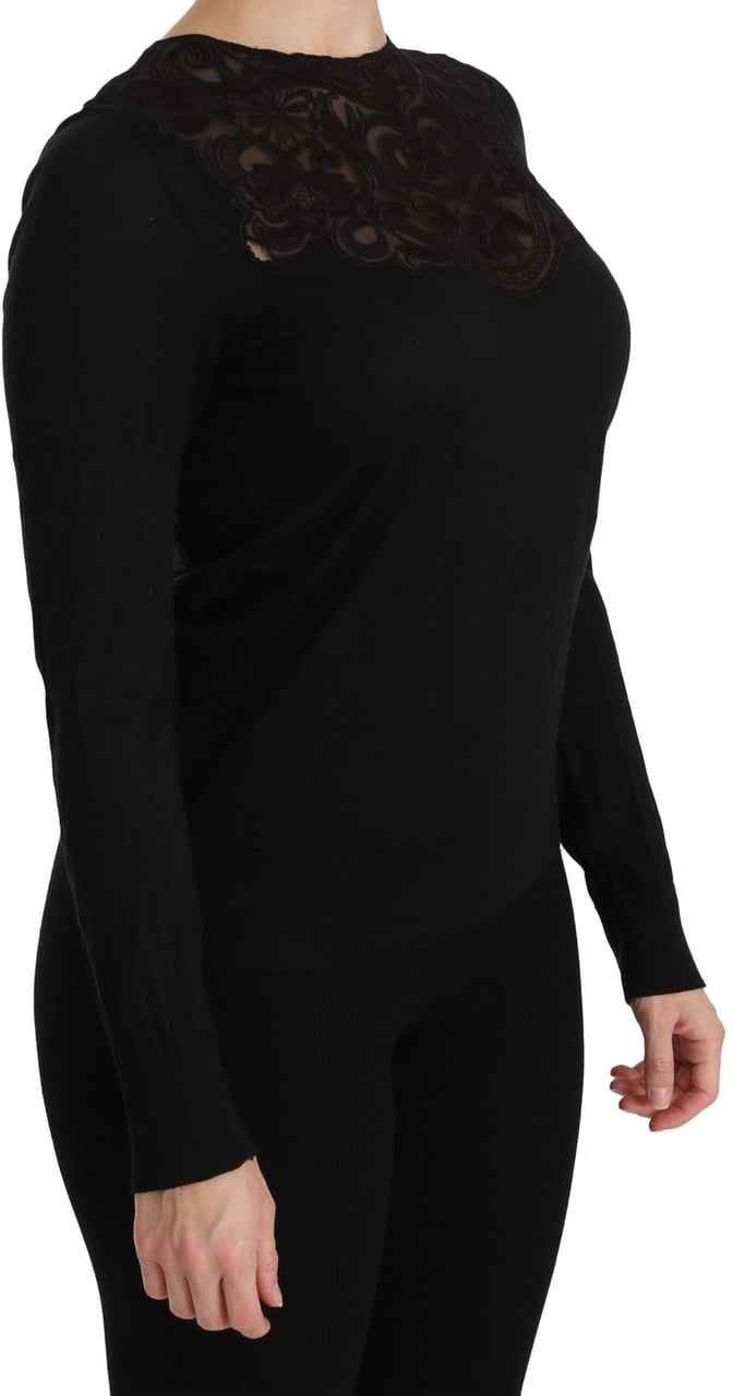 Dolce & Gabbana Black Silk Lace Crew Neck Long Sleeve Blouse Zwart