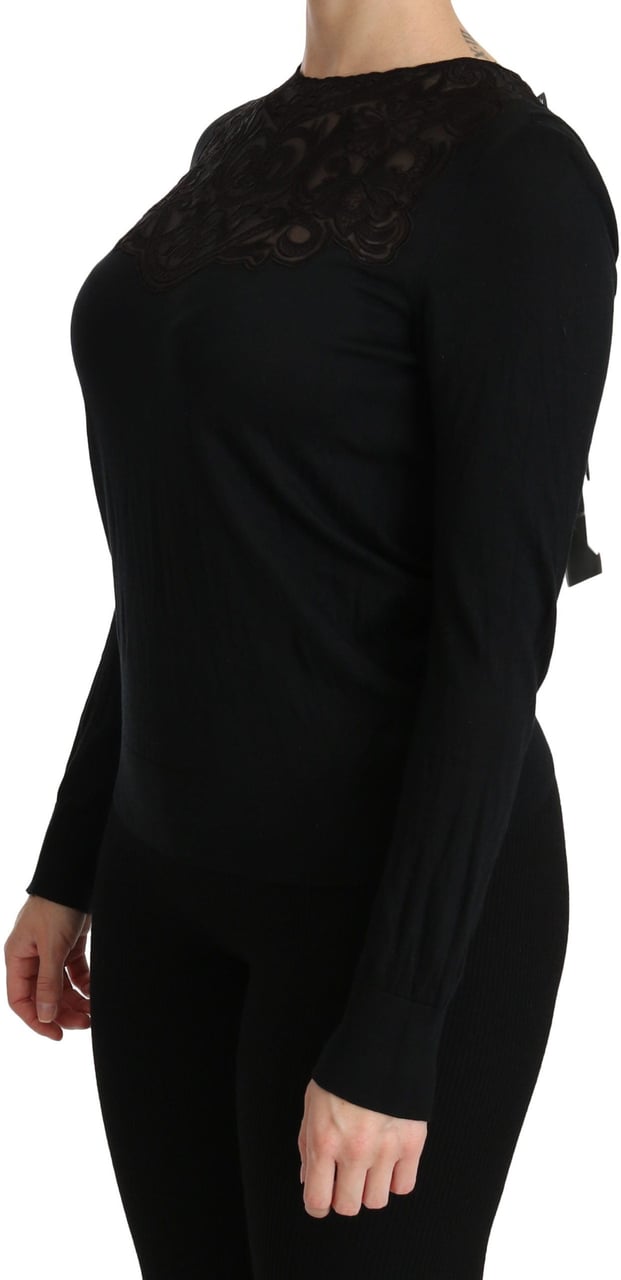 Dolce & Gabbana Black Silk Lace Crew Neck Long Sleeve Blouse Zwart