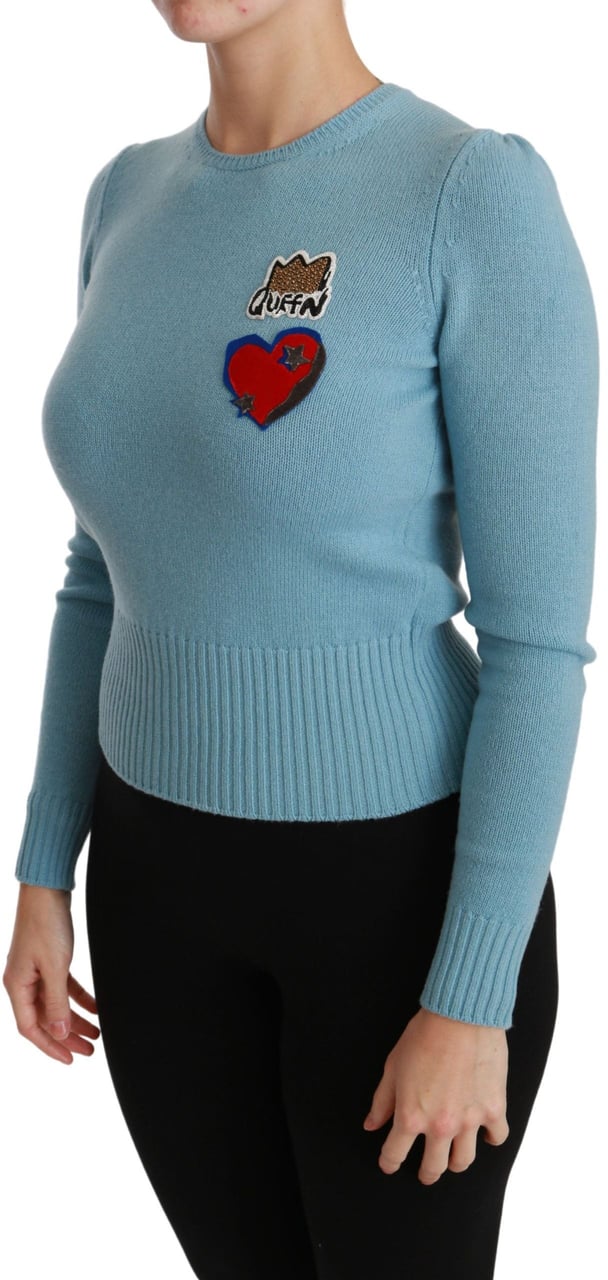 Dolce & Gabbana Blue Wool Queen Heart Pullover Sweater Blauw