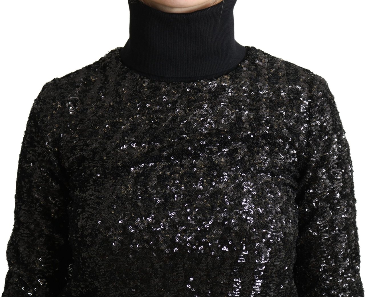 Dolce & Gabbana Black Sequined Knitted Turtle Neck Sweater Zwart