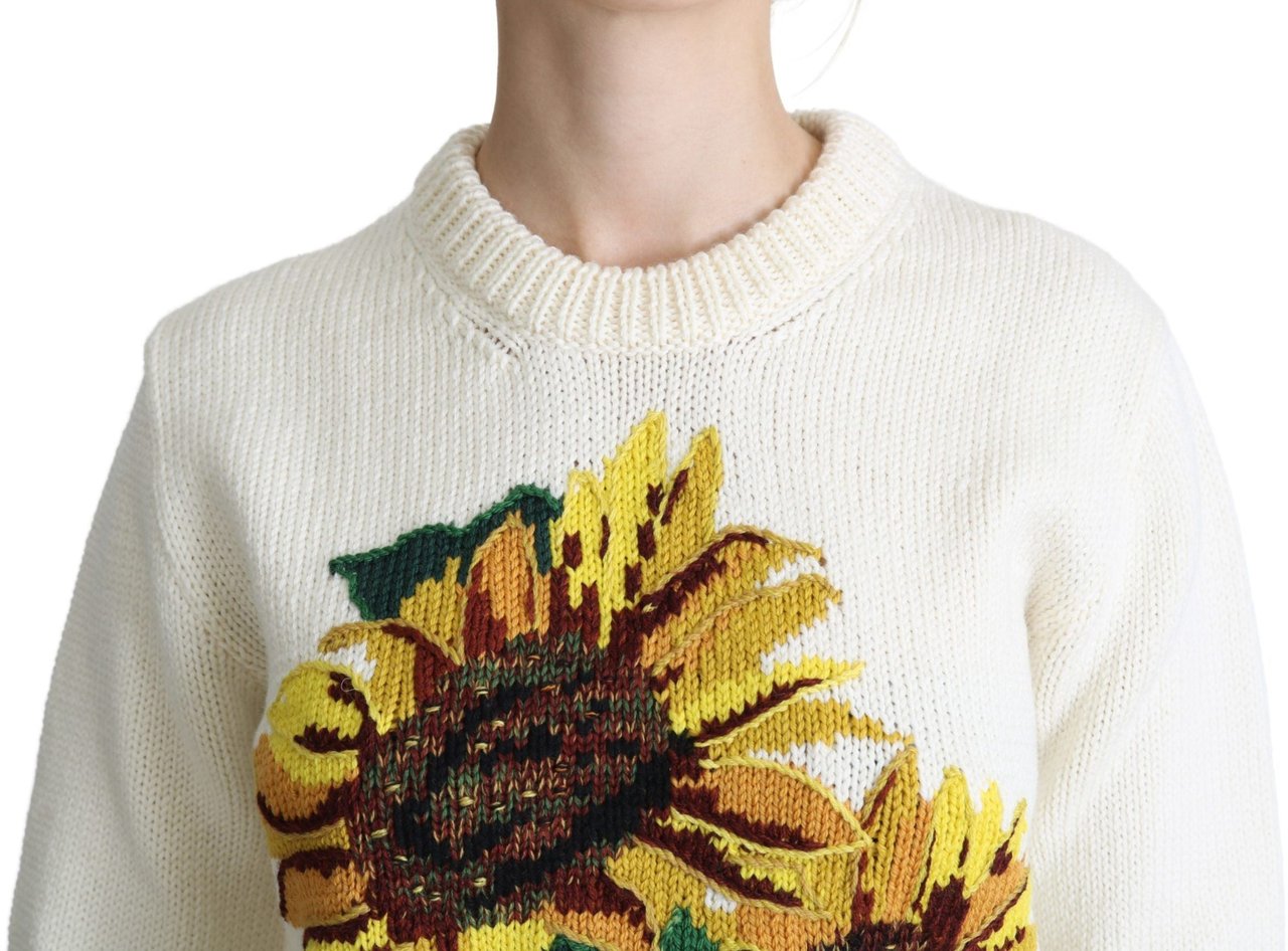 Dolce & Gabbana White Floral Wool Pullover Sunflower Sweater Wit