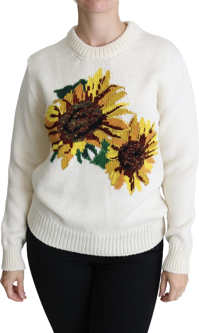 Dolce & Gabbana White Floral Wool Pullover Sunflower Sweater Wit