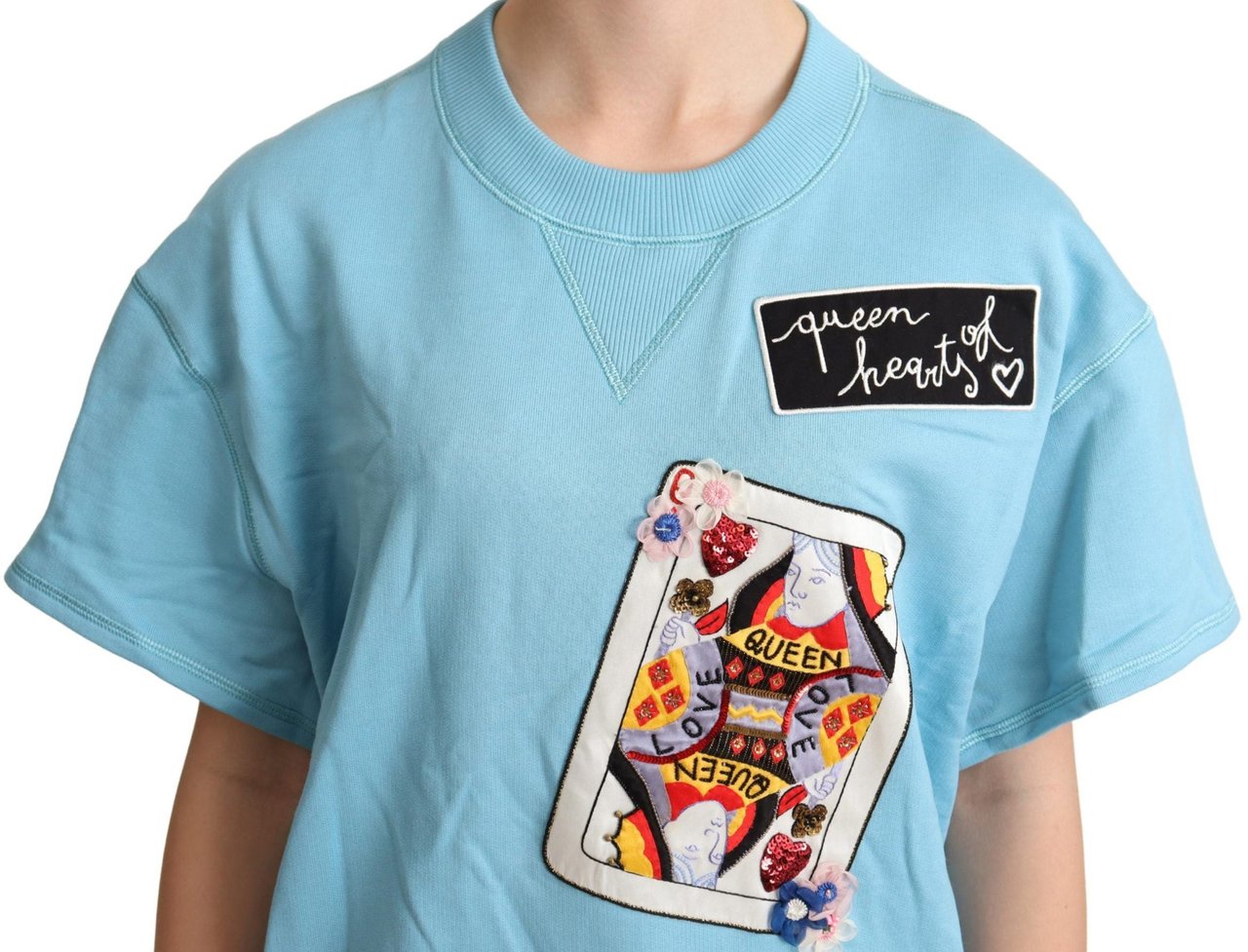 Dolce & Gabbana BLue Queen Of Hearts Card Sweater T-shirt Lichtblauw