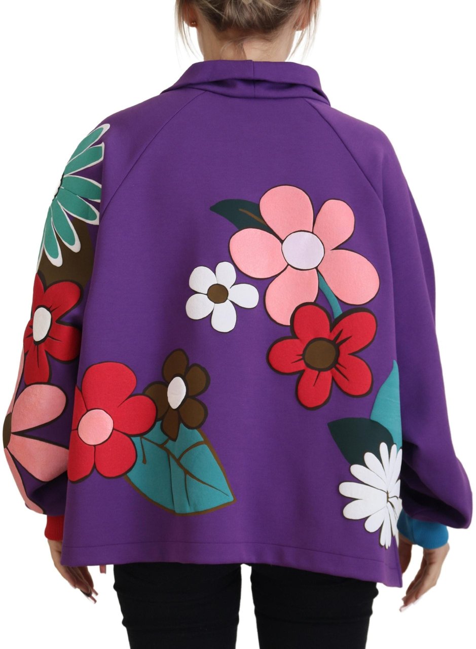 Dolce & Gabbana Purple Floral Print Pullover Cotton Sweater Paars