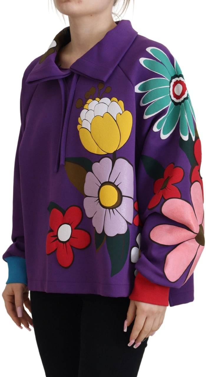 Dolce & Gabbana Purple Floral Print Pullover Cotton Sweater Paars