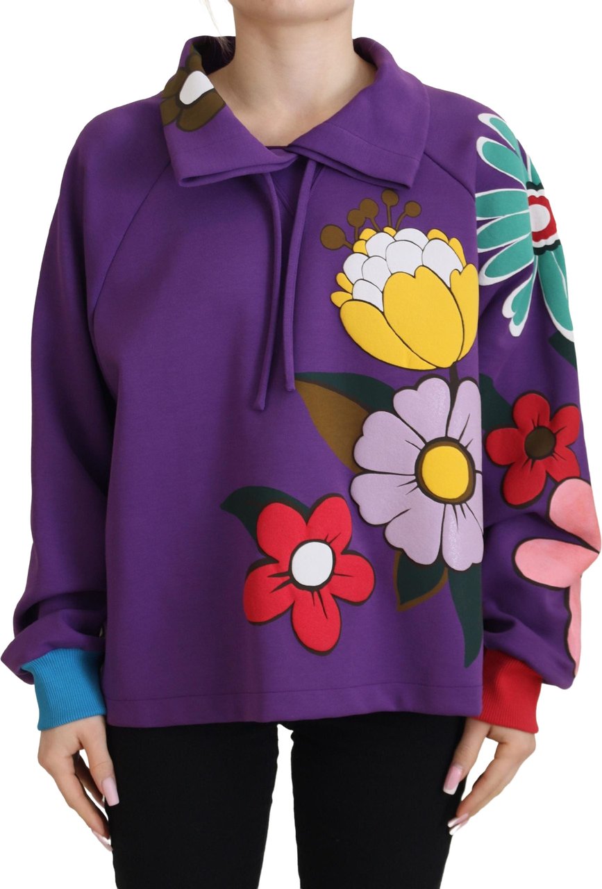 Dolce & Gabbana Purple Floral Print Pullover Cotton Sweater Paars