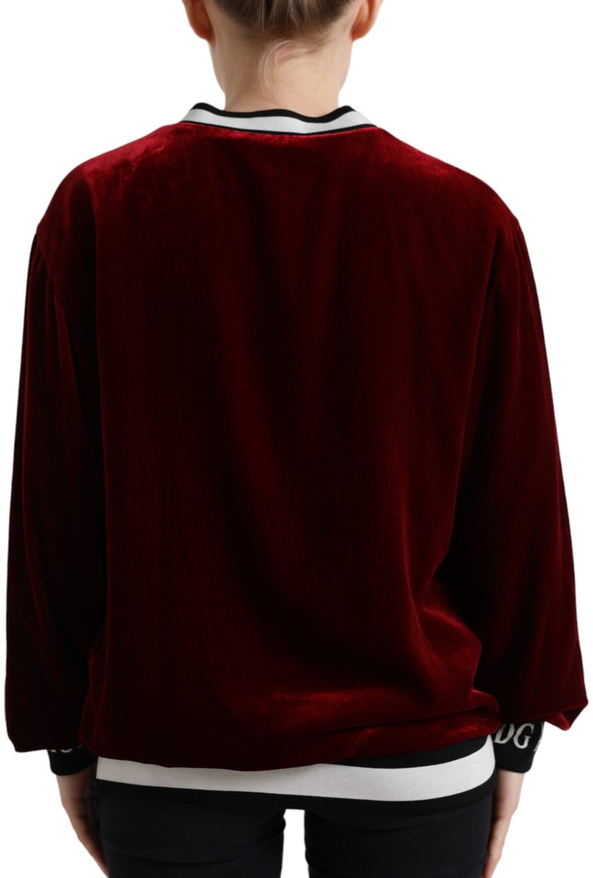 Dolce & Gabbana Bordeaux Velvet Crew Neck Pullover Sweater Maroon