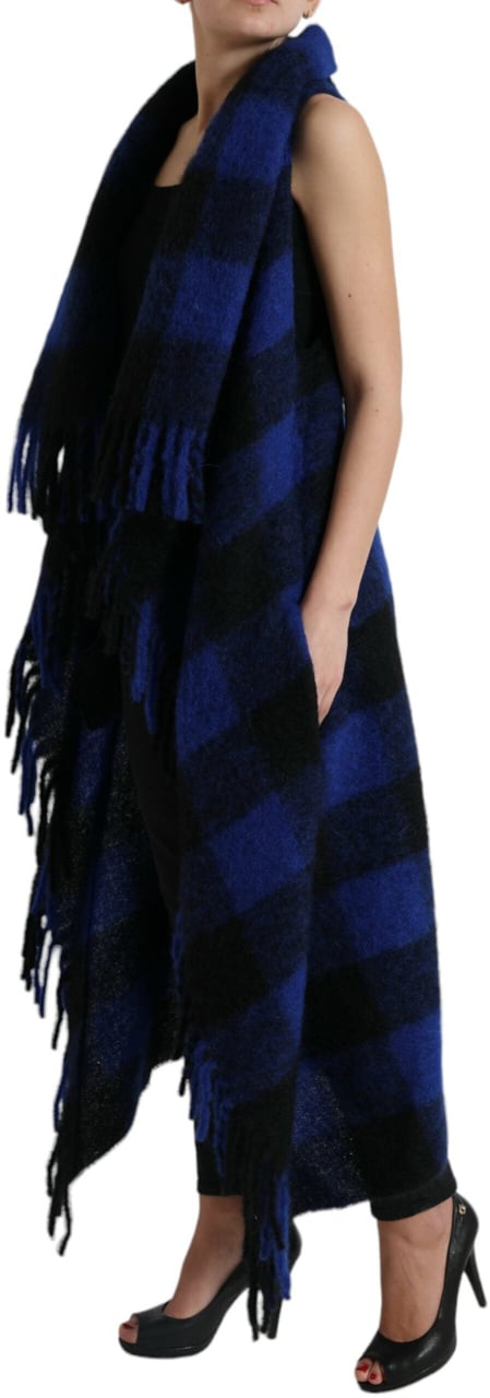 Dolce & Gabbana Black Blue Buffalo Check Poncho Coat Sweater Divers