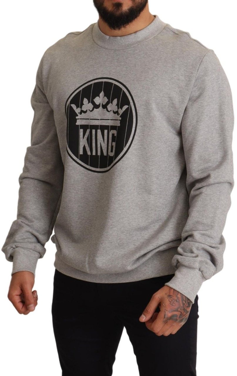 Dolce & Gabbana Gray Crown King Print Cotton Sweater Zwart