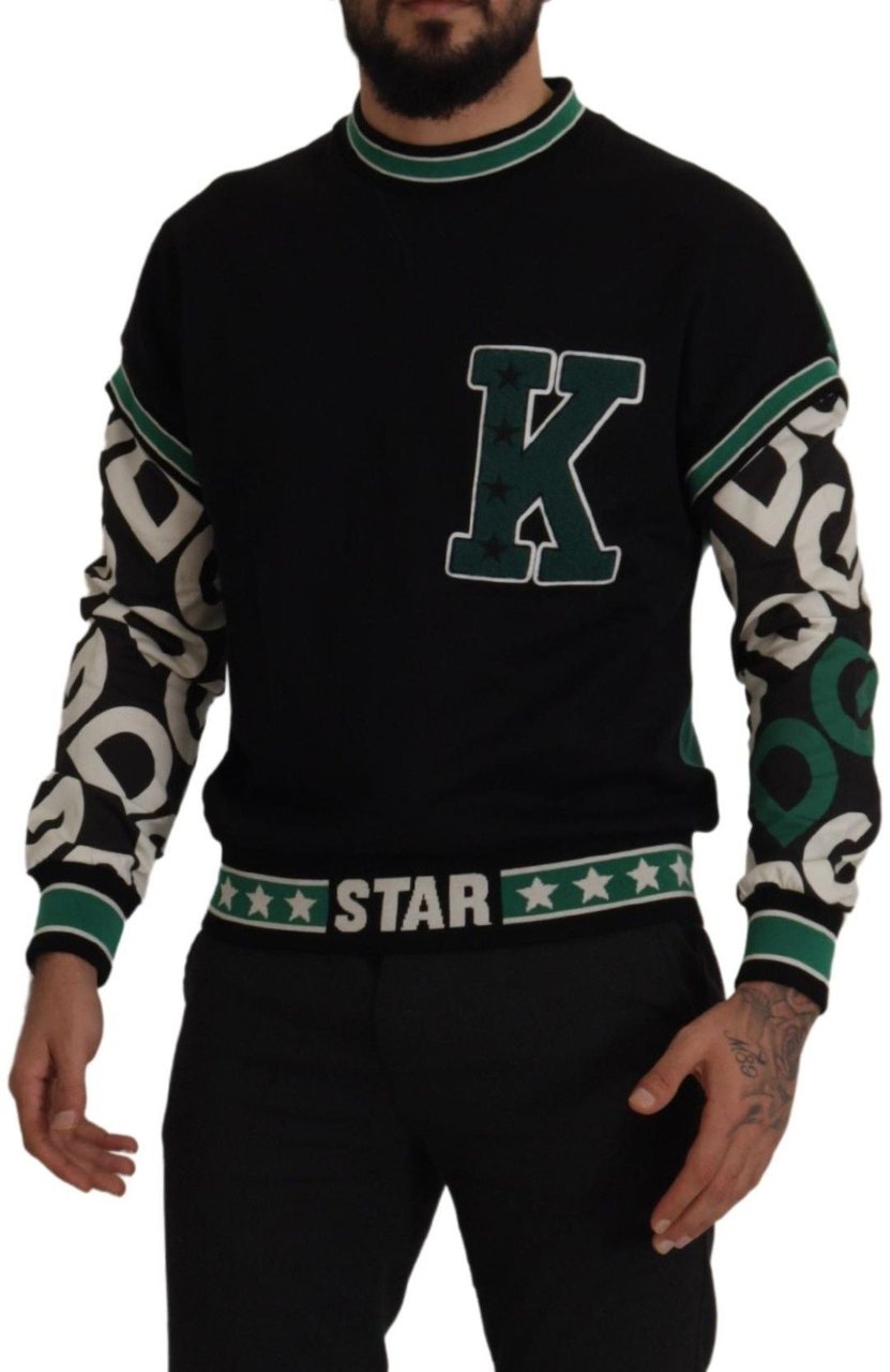 Dolce & Gabbana Black Green Cotton KING Star Crewneck Pullover Sweater Zwart