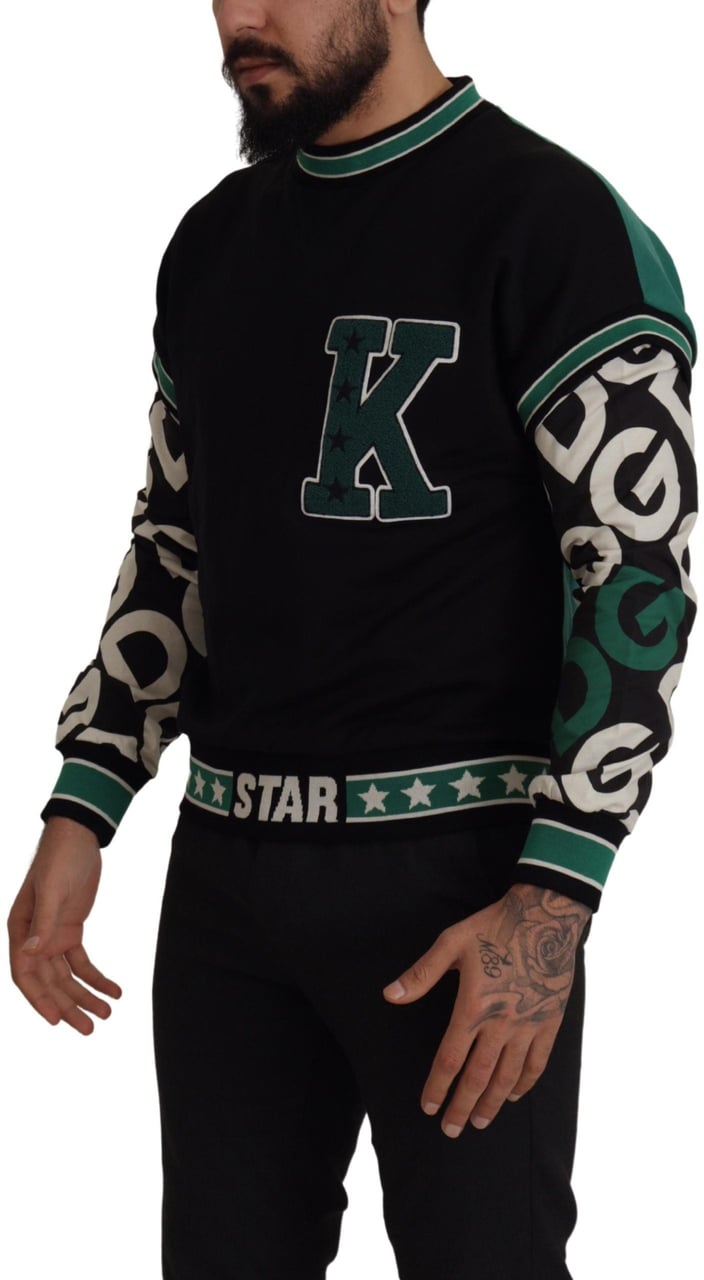 Dolce & Gabbana Black Green Cotton KING Star Crewneck Pullover Sweater Zwart