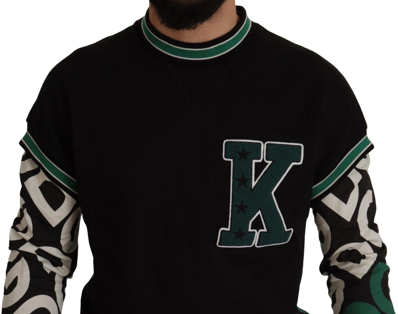 Dolce & Gabbana Black Green Cotton KING Star Crewneck Pullover Sweater Zwart