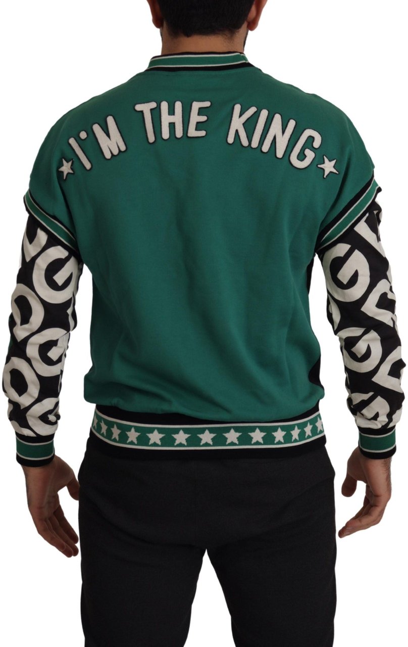 Dolce & Gabbana Black Green Cotton KING Star Crewneck Pullover Sweater Zwart