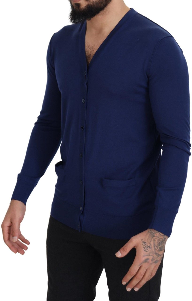 Dolce & Gabbana Blue Wool V-neck Button Down Cardigan Sweater Blauw
