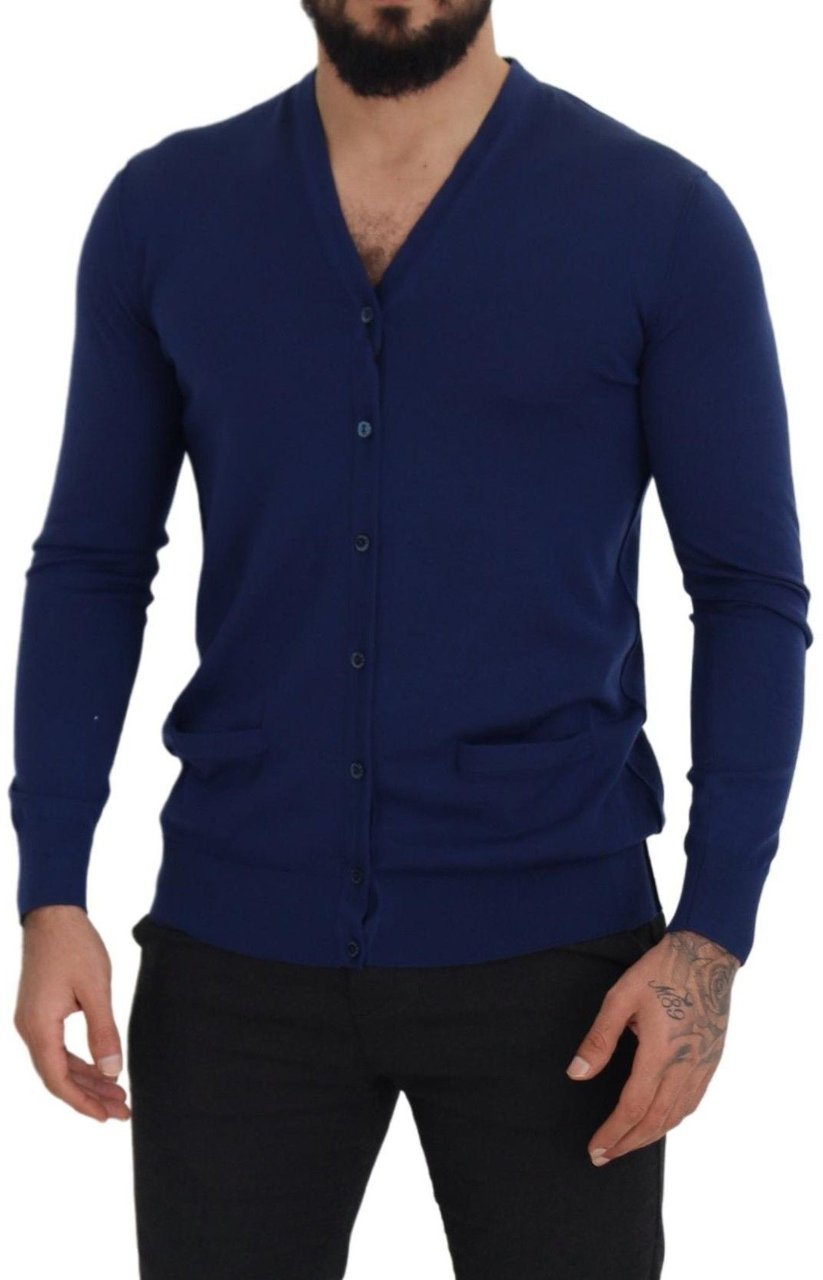Dolce & Gabbana Blue Wool V-neck Button Down Cardigan Sweater Blauw