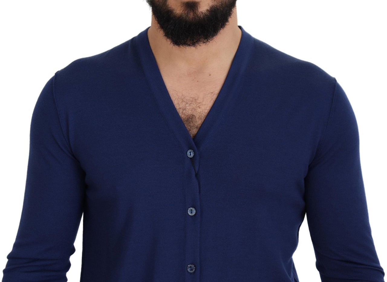 Dolce & Gabbana Blue Wool V-neck Button Down Cardigan Sweater Blauw
