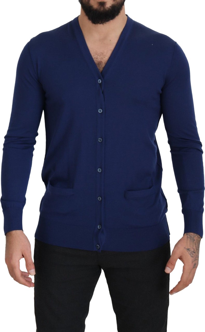 Dolce & Gabbana Blue Wool V-neck Button Down Cardigan Sweater Blauw