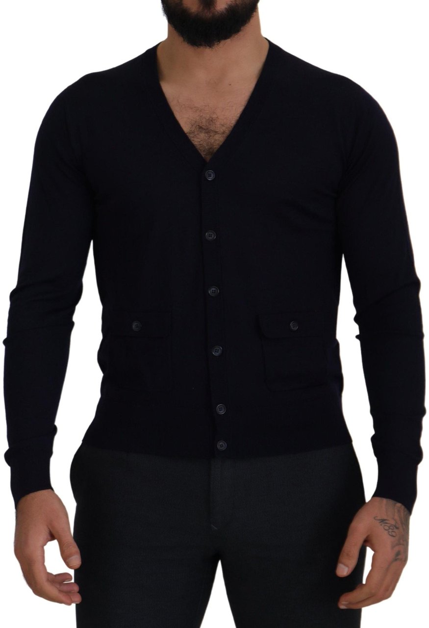 Dolce & Gabbana Blue Wool STAFF Down Cardigan Sweater Blauw