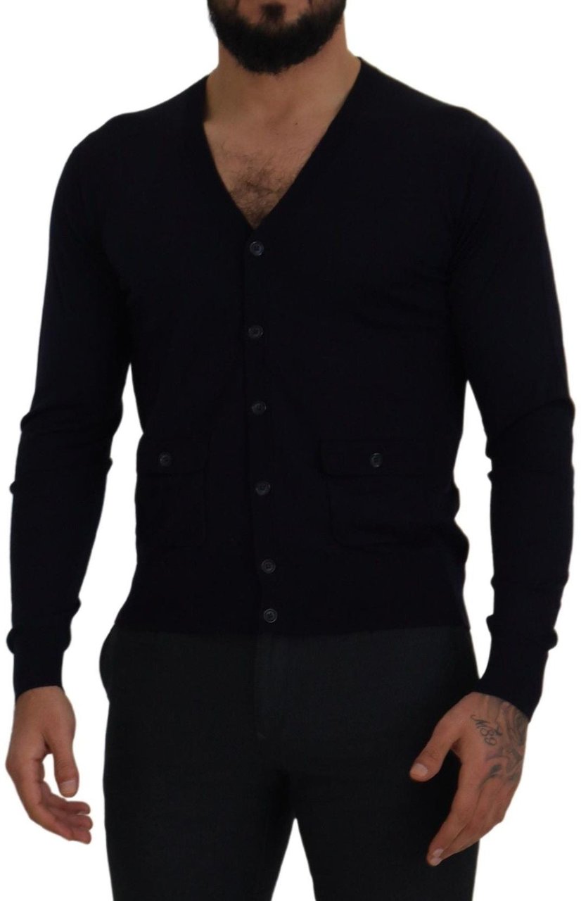 Dolce & Gabbana Blue Wool STAFF Down Cardigan Sweater Blauw
