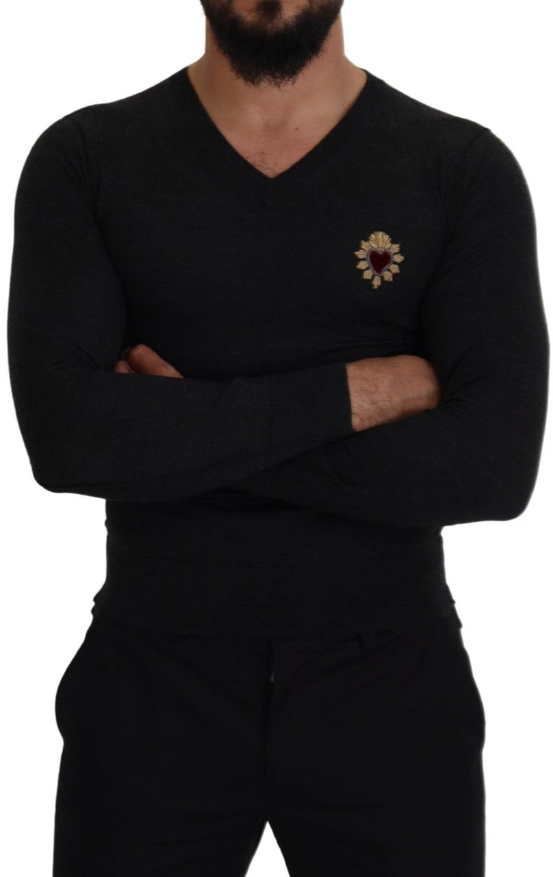 Dolce & Gabbana Gray Cashmere V-neck Gold Heart Sweater Groen