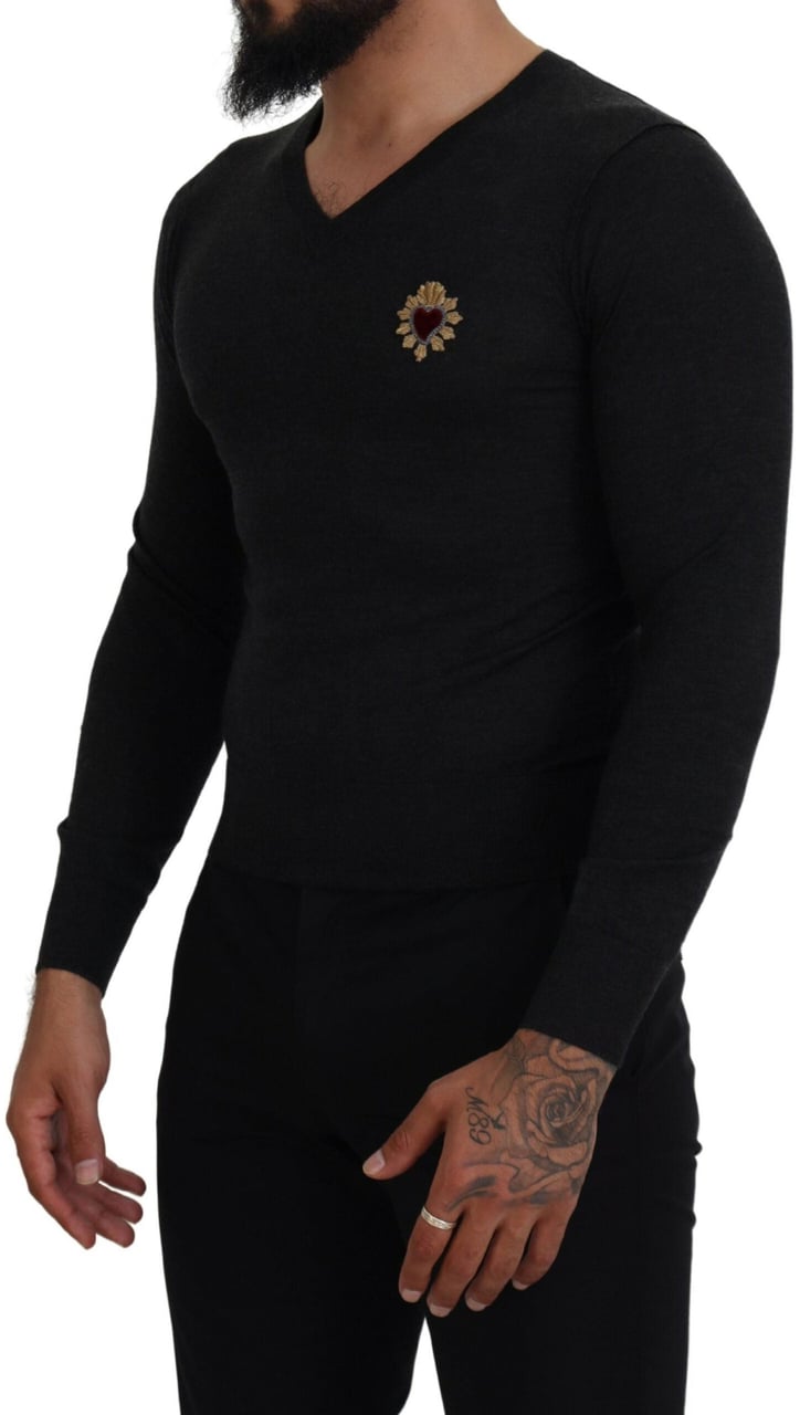 Dolce & Gabbana Gray Cashmere V-neck Gold Heart Sweater Groen
