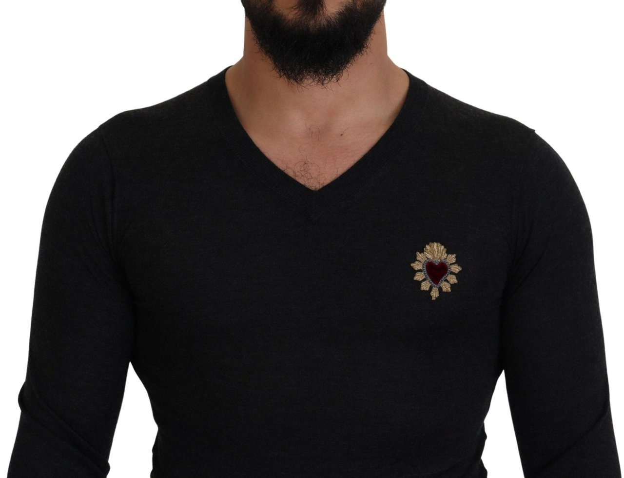 Dolce & Gabbana Gray Cashmere V-neck Gold Heart Sweater Groen