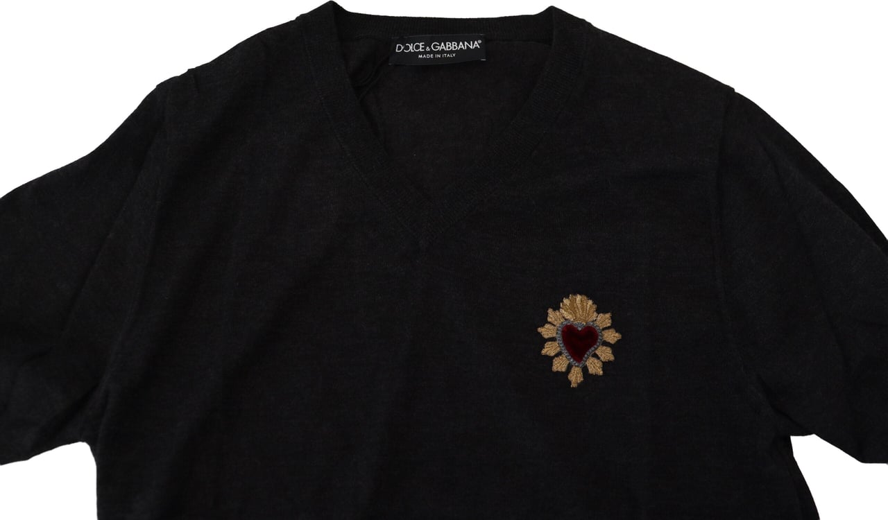 Dolce & Gabbana Gray Cashmere V-neck Gold Heart Sweater Groen