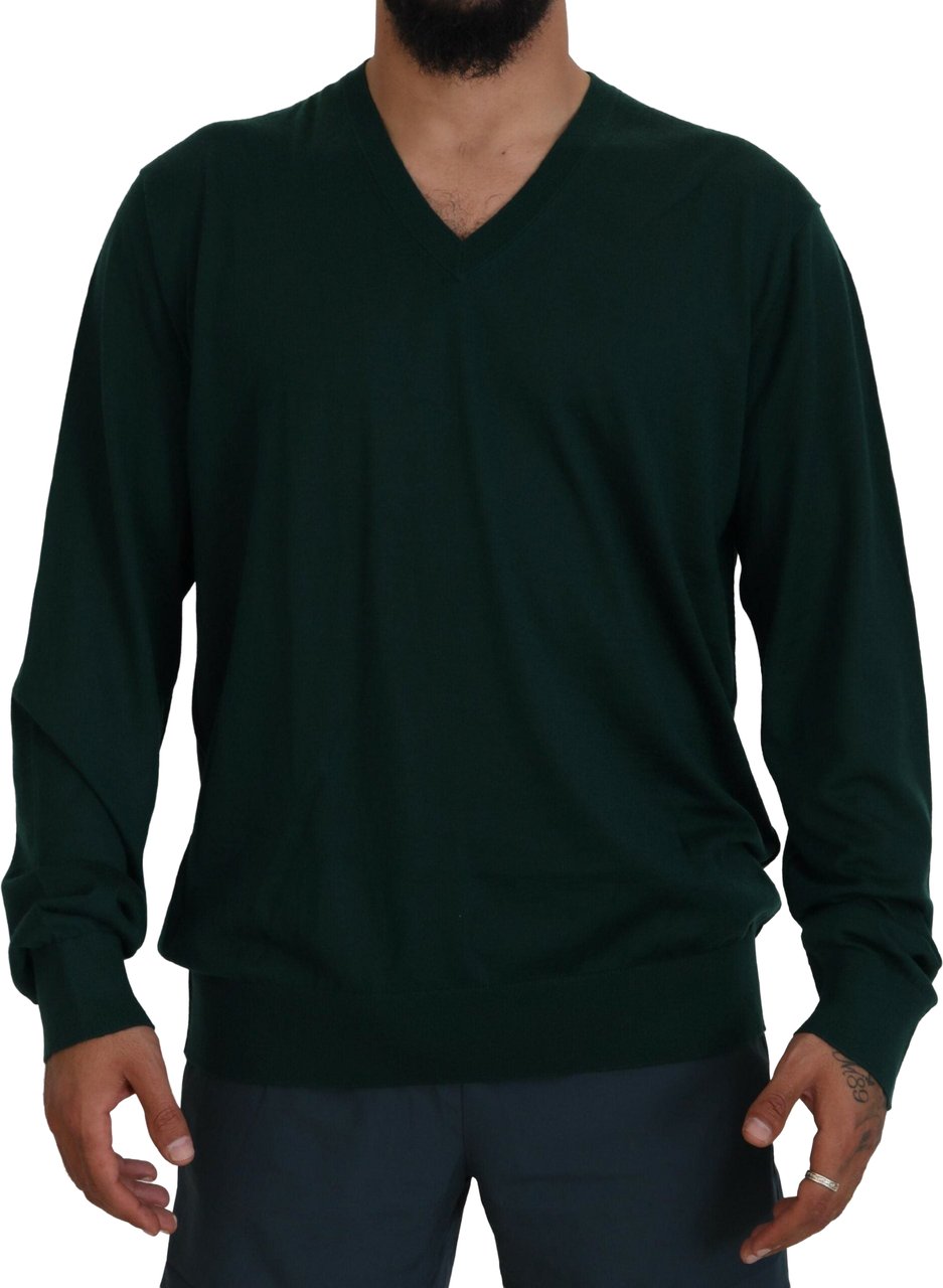 Dolce & Gabbana Green Cashmere V-neck Pullover Sweater Grijs
