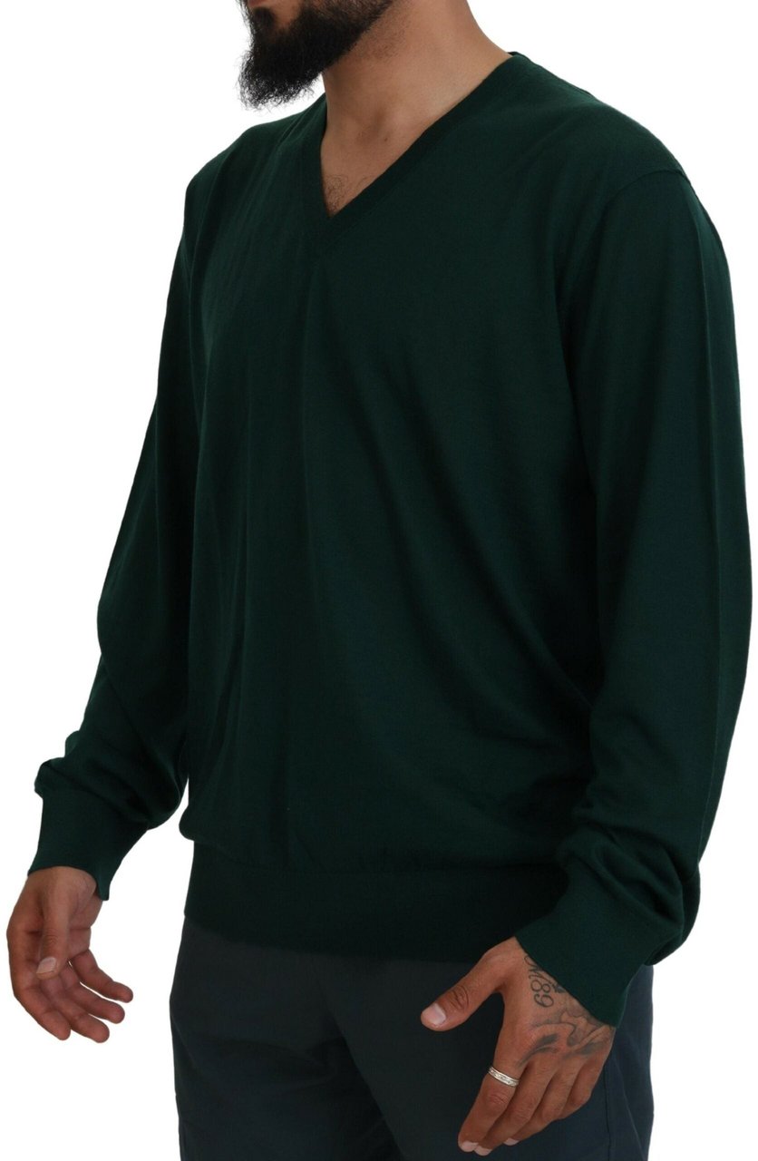 Dolce & Gabbana Green Cashmere V-neck Pullover Sweater Grijs
