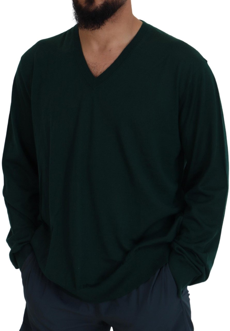 Dolce & Gabbana Green Cashmere V-neck Pullover Sweater Grijs