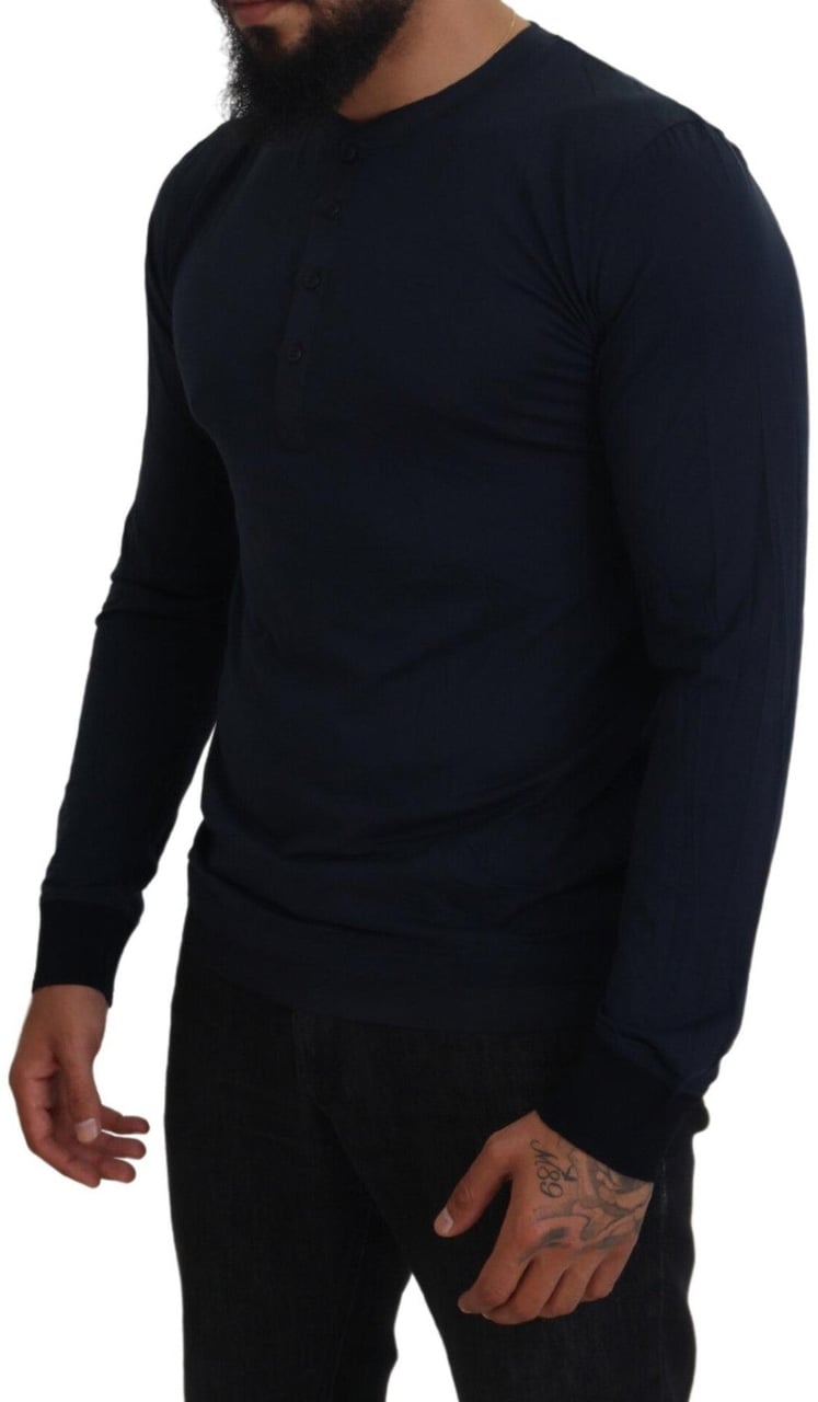 Dolce & Gabbana Blue Cotton Button Crewneck Pullover Sweater Blauw