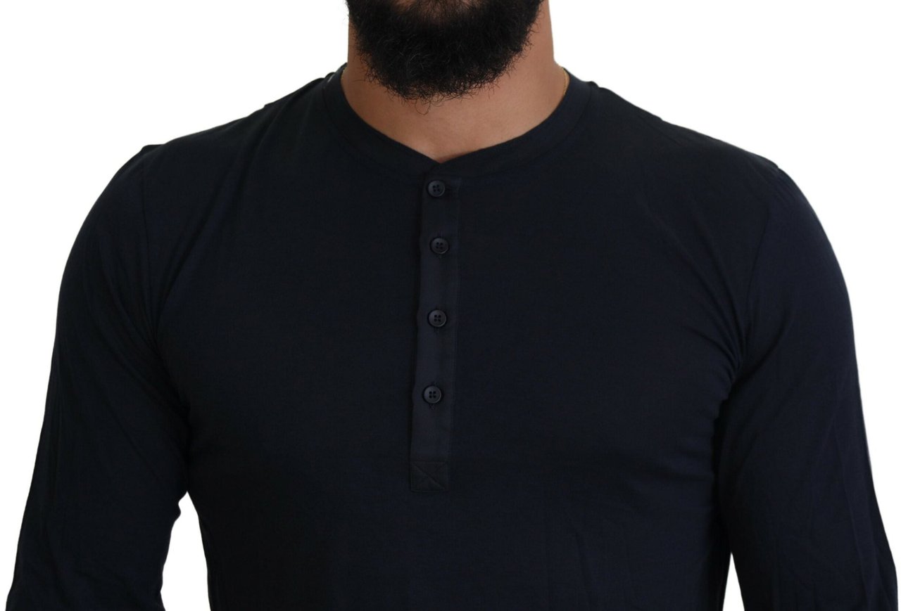 Dolce & Gabbana Blue Cotton Button Crewneck Pullover Sweater Blauw