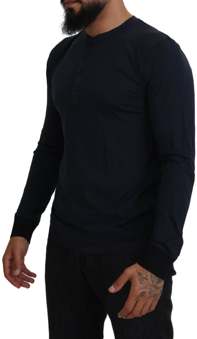 Dolce & Gabbana Blue Cotton Button Crewneck Pullover Sweater Blauw