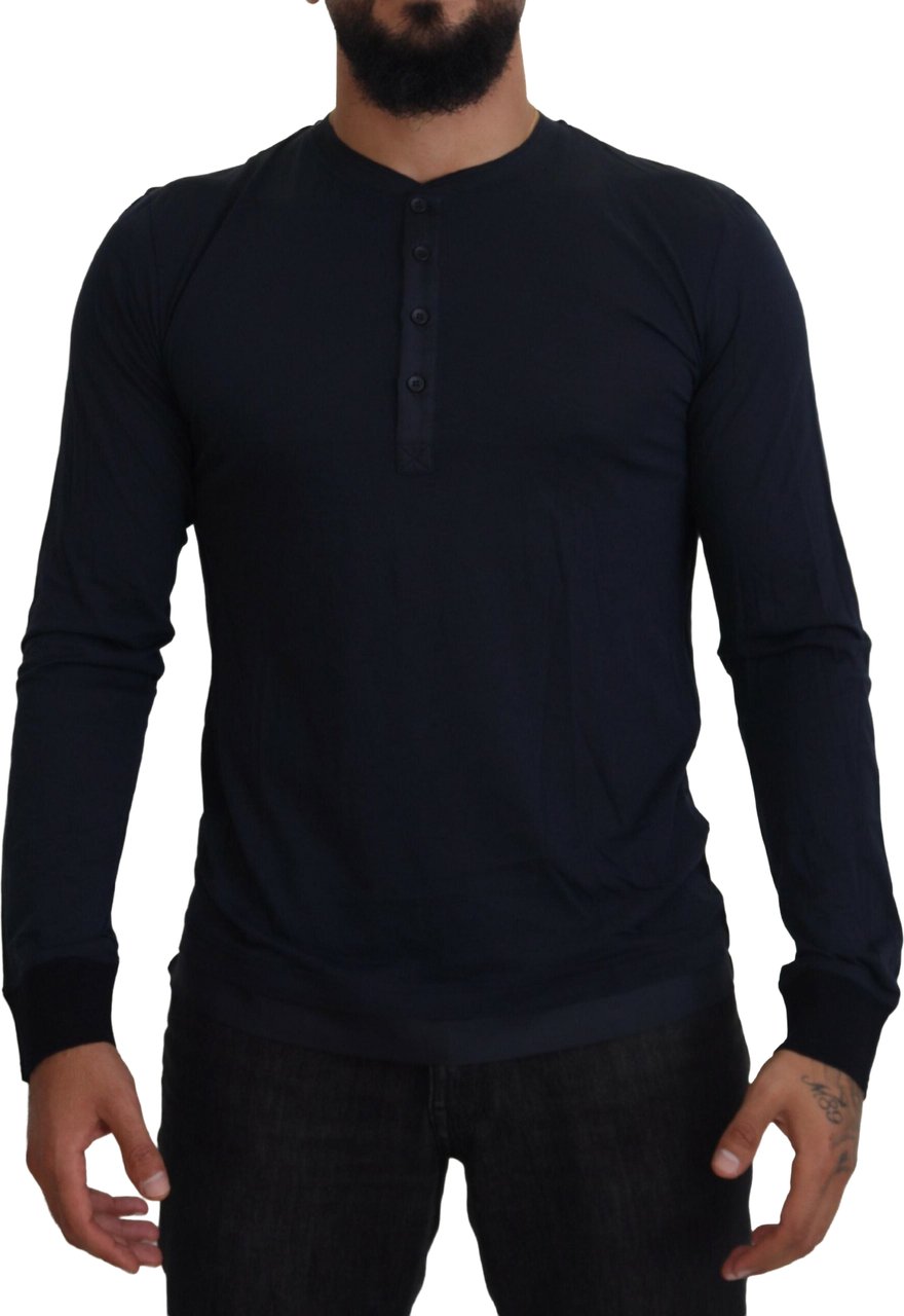 Dolce & Gabbana Blue Cotton Button Crewneck Pullover Sweater Blauw