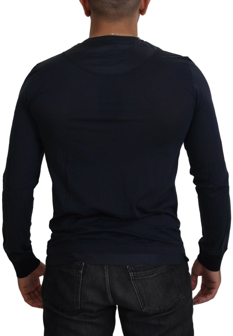 Dolce & Gabbana Blue Cotton Button Crewneck Pullover Sweater Blauw