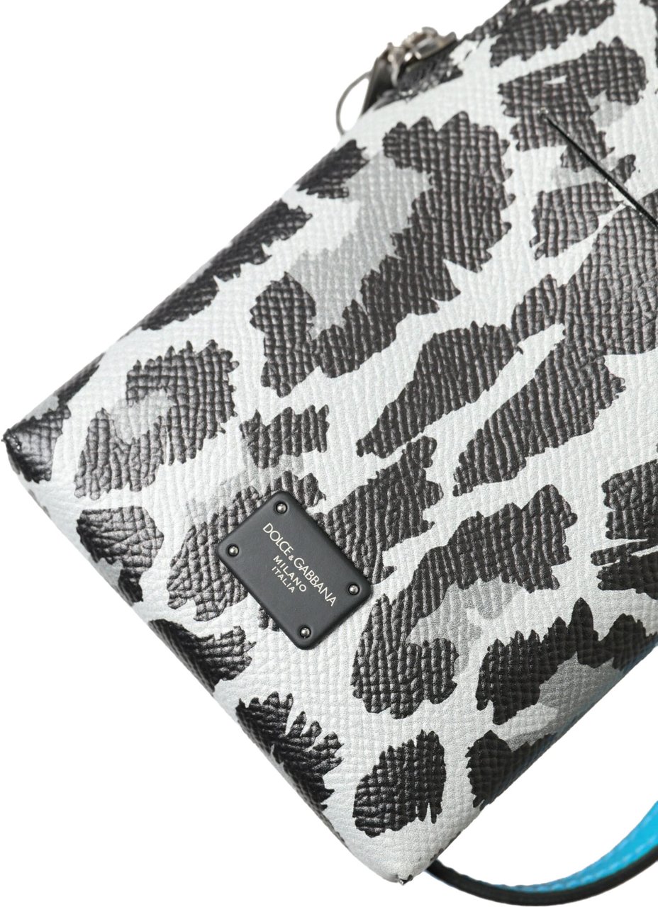 Dolce & Gabbana Gray Leopard Leather Men Purse Crossbody Sling Phone Bag Paars
