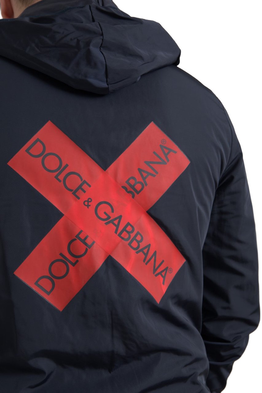 Dolce & Gabbana Blue Hooded Logo Polyester Full Zip Sweater Blauw