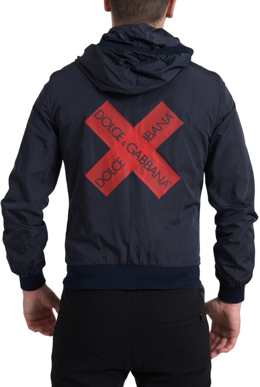 Dolce & Gabbana Blue Hooded Logo Polyester Full Zip Sweater Blauw