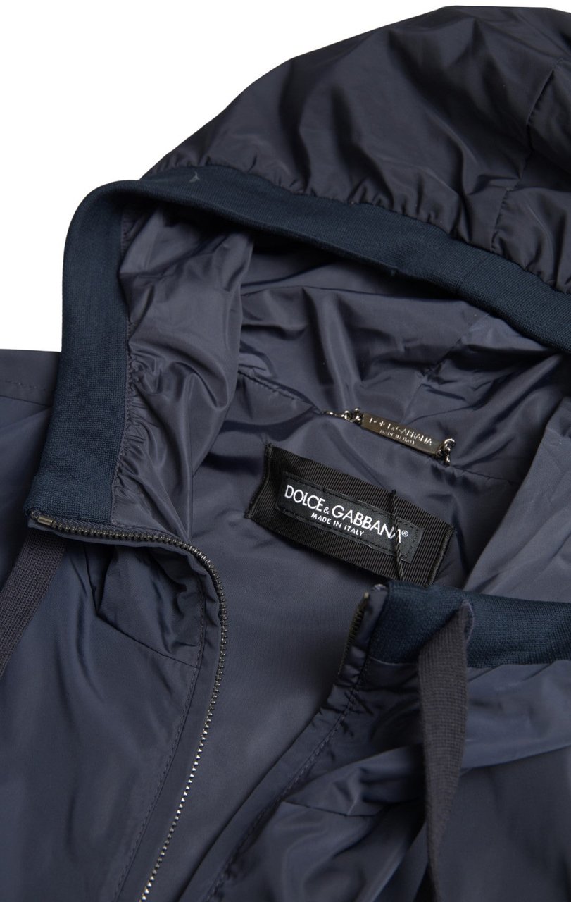 Dolce & Gabbana Blue Hooded Logo Polyester Full Zip Sweater Blauw